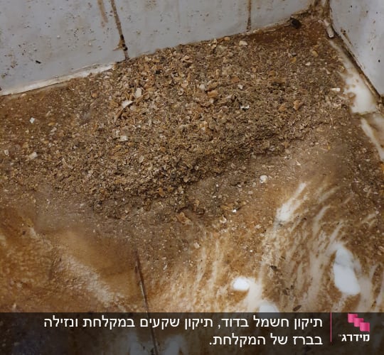 לכלוך ופסולת על רצפה רטובה עם כלי כחול